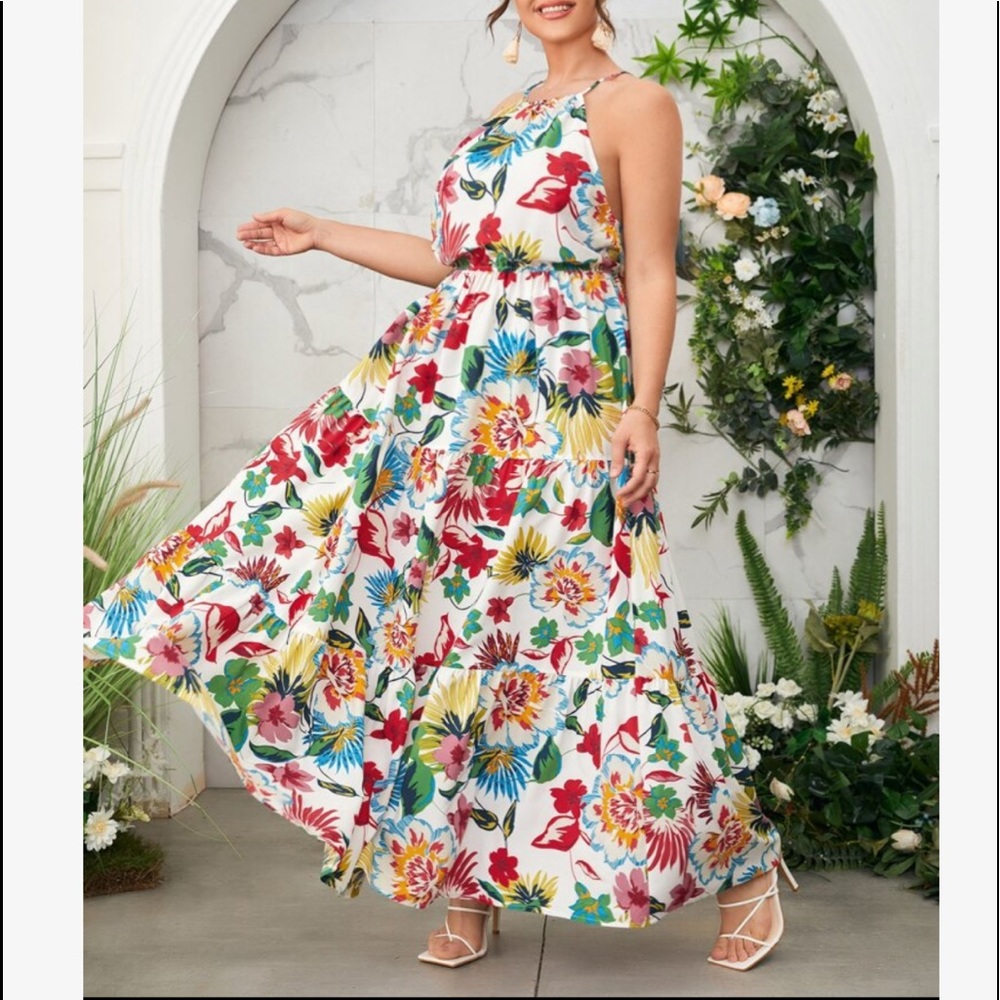 Plus Size White Floral Print Tie Back Dress New - Picture 2 of 7